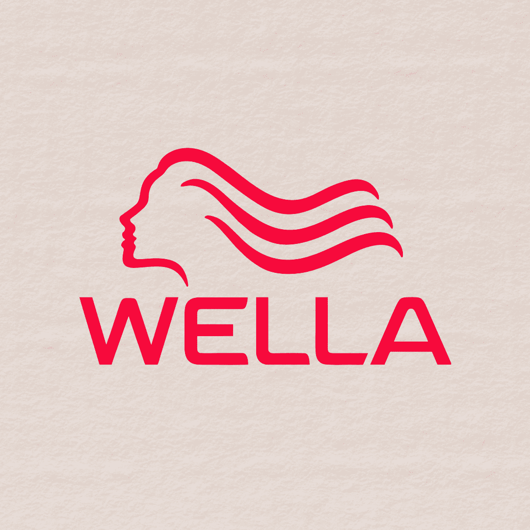 Wella logo featuring a red silhouette of a woman's profile with flowing hair on a beige background.