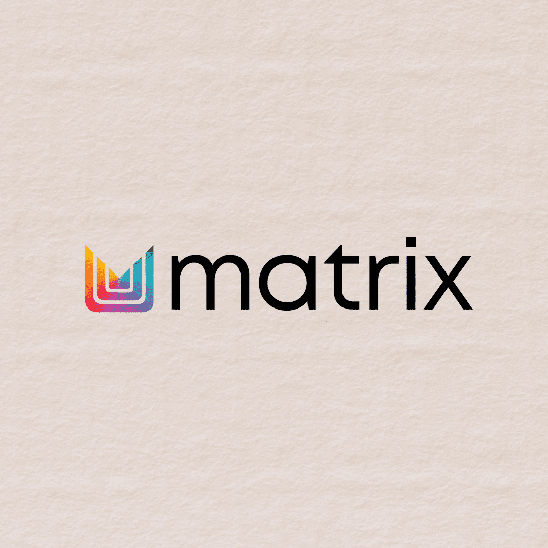 Matrix logo with a colorful geometric "M" design on a textured beige background.