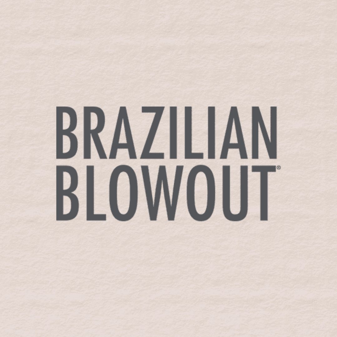 Text "Brazilian Blowout" in bold, dark letters on a light beige textured background.